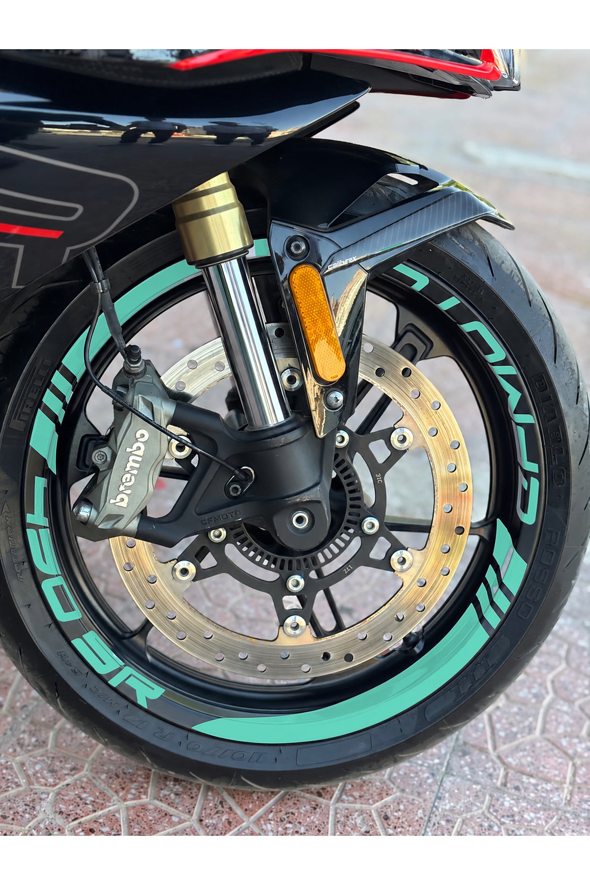 CFMOTO 450SR için Kalın Kesikli+Yazılı Jant Şeridi Sticker Seti (16 Parça Ön Arka Yeterli)