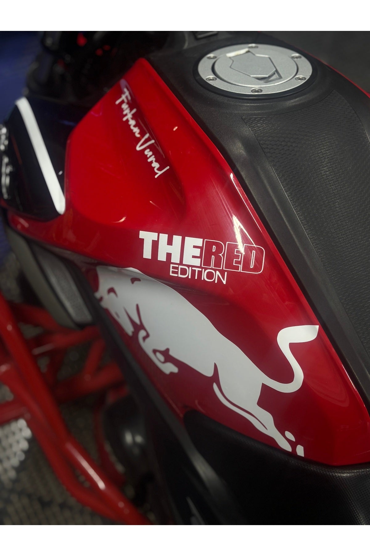 TVS Raider için Beyaz Renk The Red Edition Boğa Enerji Sticker Seti (Sadece TEK Taraf)