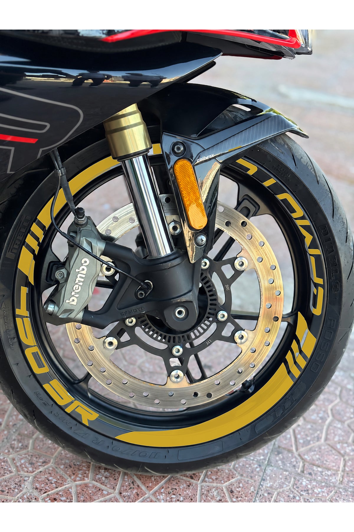 CFMOTO 450SR için Kalın Kesikli+Yazılı Jant Şeridi Sticker Seti (16 Parça Ön Arka Yeterli)