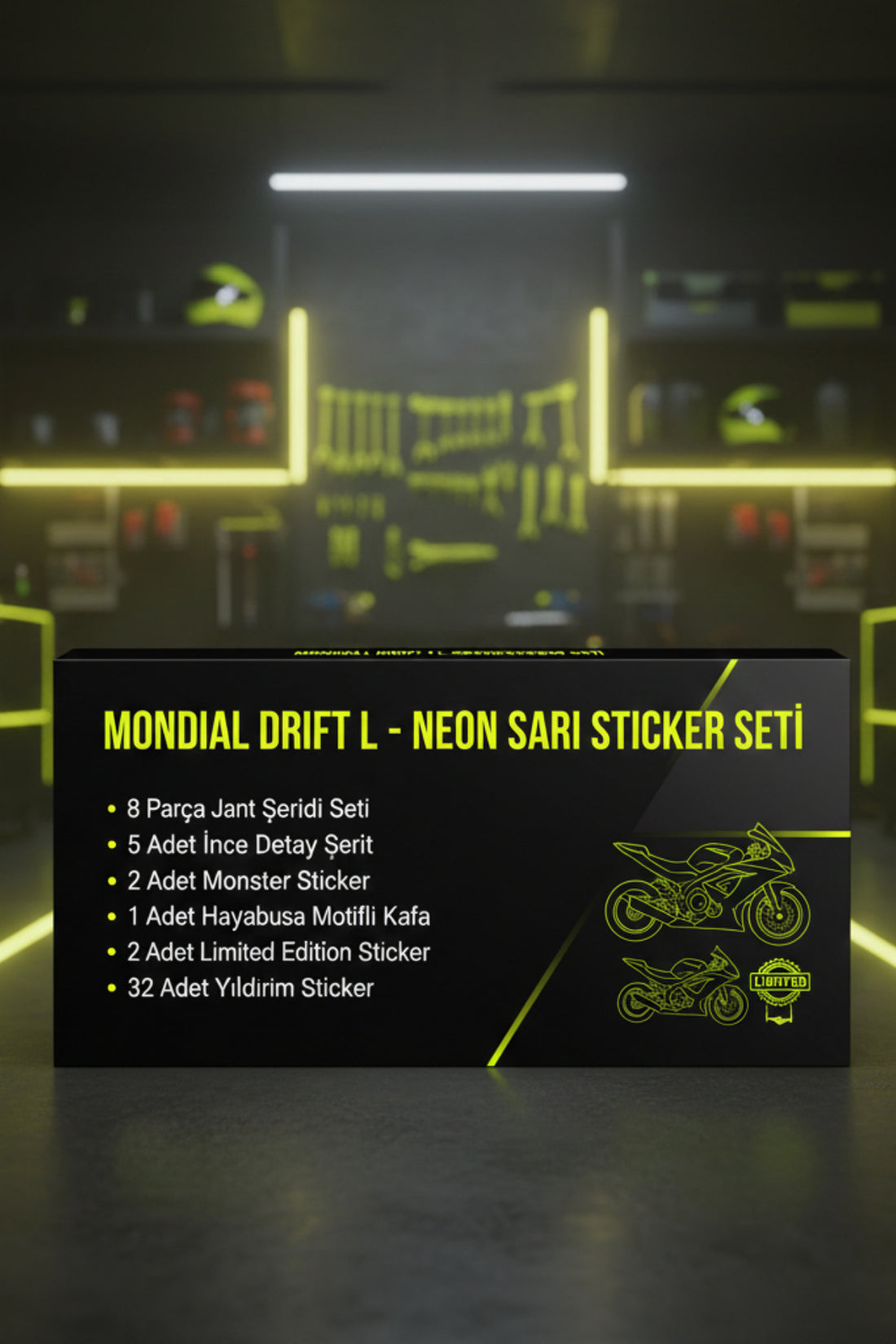 Mondial Drift-L için 51 Parça Neon Sarı Yıldırımlı Premium Sticker Seti
