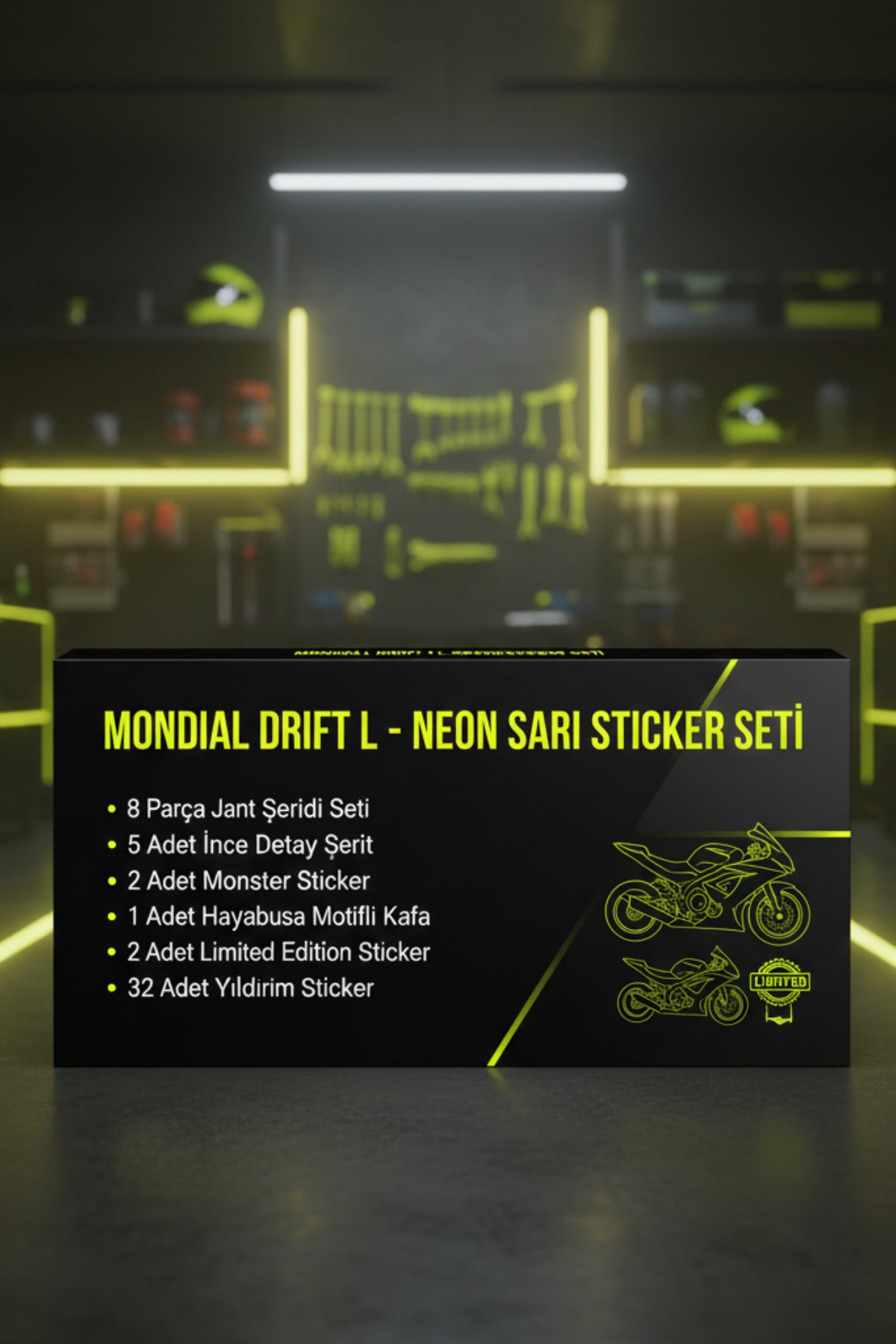 Mondial Drift-L için 51 Parça Neon Sarı Yıldırımlı Premium Sticker Seti