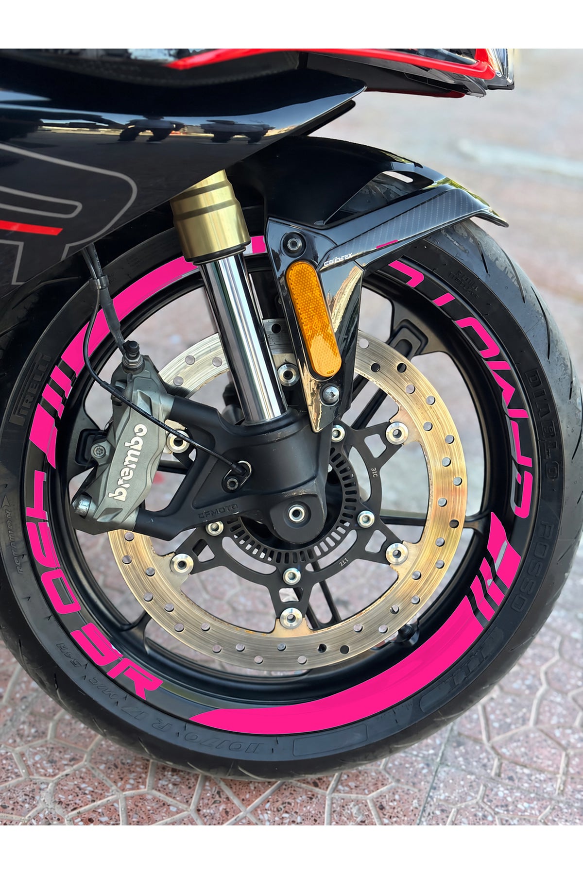 CFMOTO 450SR için Kalın Kesikli+Yazılı Jant Şeridi Sticker Seti (16 Parça Ön Arka Yeterli)