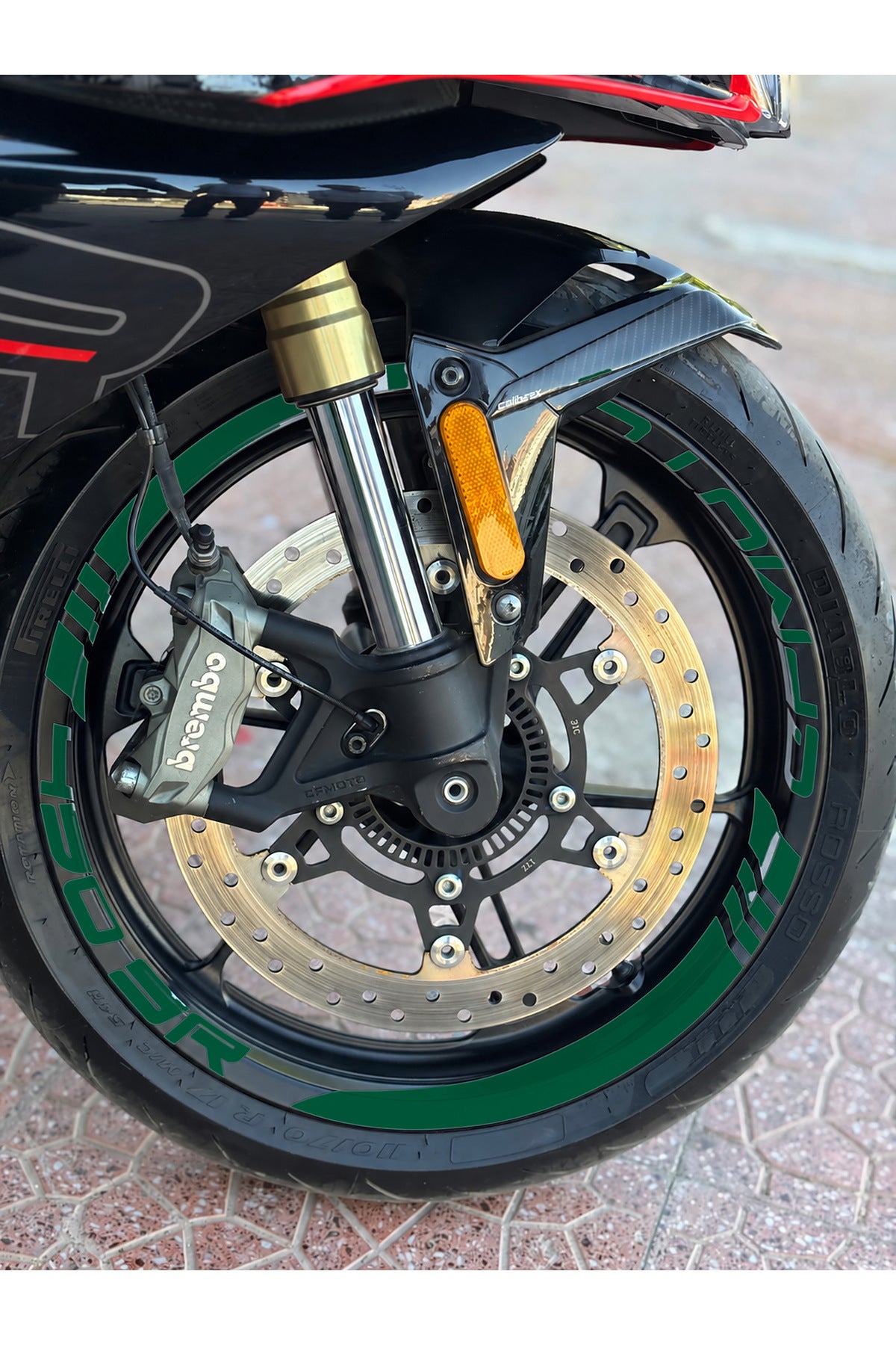 CFMOTO 450SR için Kalın Kesikli+Yazılı Jant Şeridi Sticker Seti (16 Parça Ön Arka Yeterli)