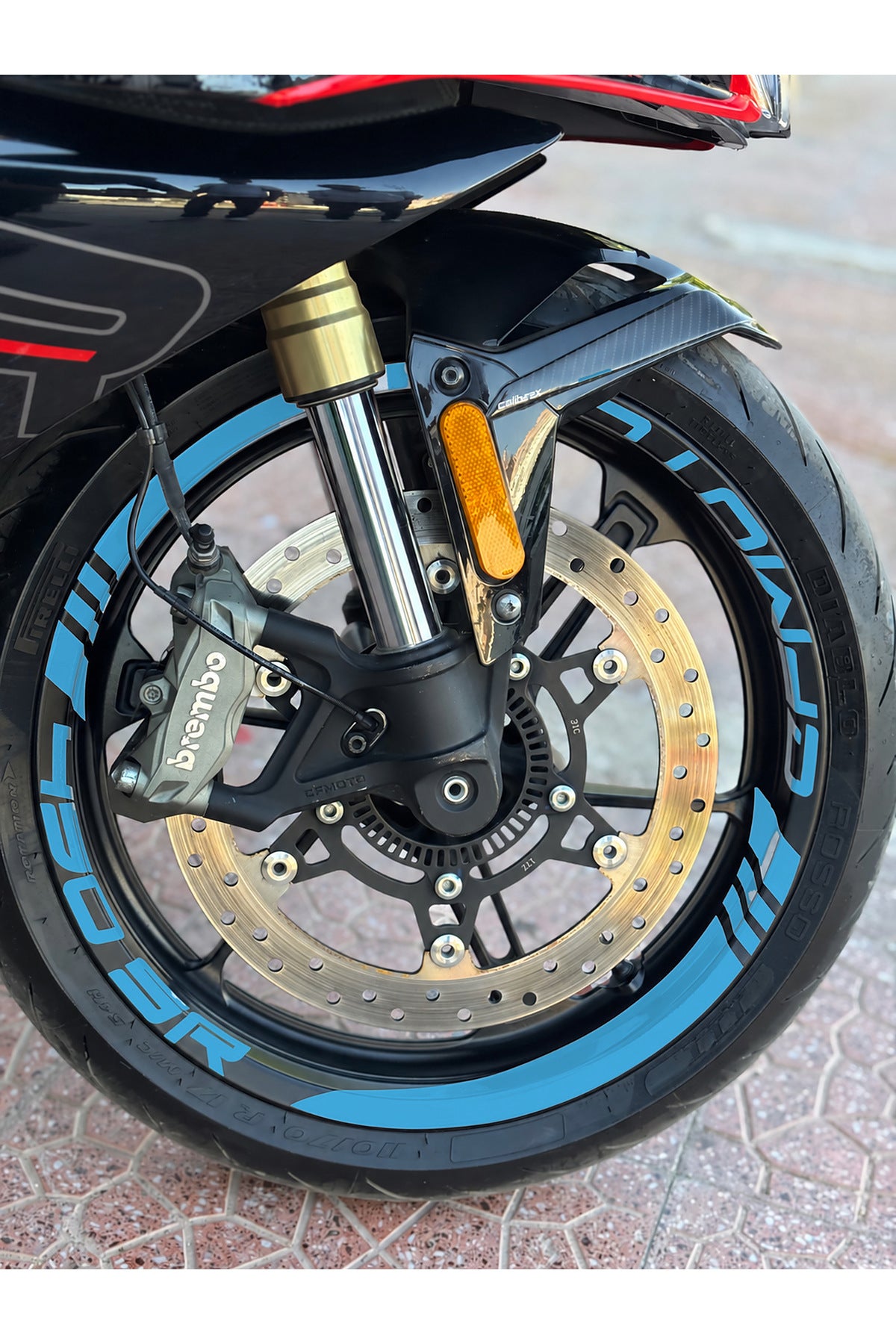 CFMOTO 450SR için Kalın Kesikli+Yazılı Jant Şeridi Sticker Seti (16 Parça Ön Arka Yeterli)