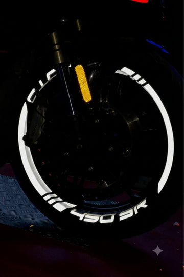 CFMOTO 450SR için Kalın Kesikli+Yazılı Jant Şeridi Sticker Seti (4 Janta Yeter)