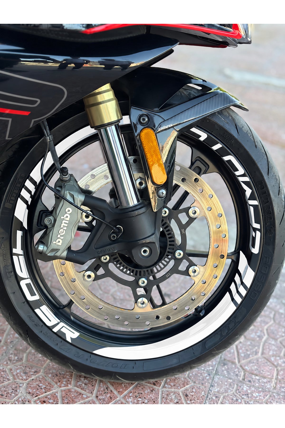 CFMOTO 450SR için Kalın Kesikli+Yazılı Jant Şeridi Sticker Seti (16 Parça Ön Arka Yeterli)