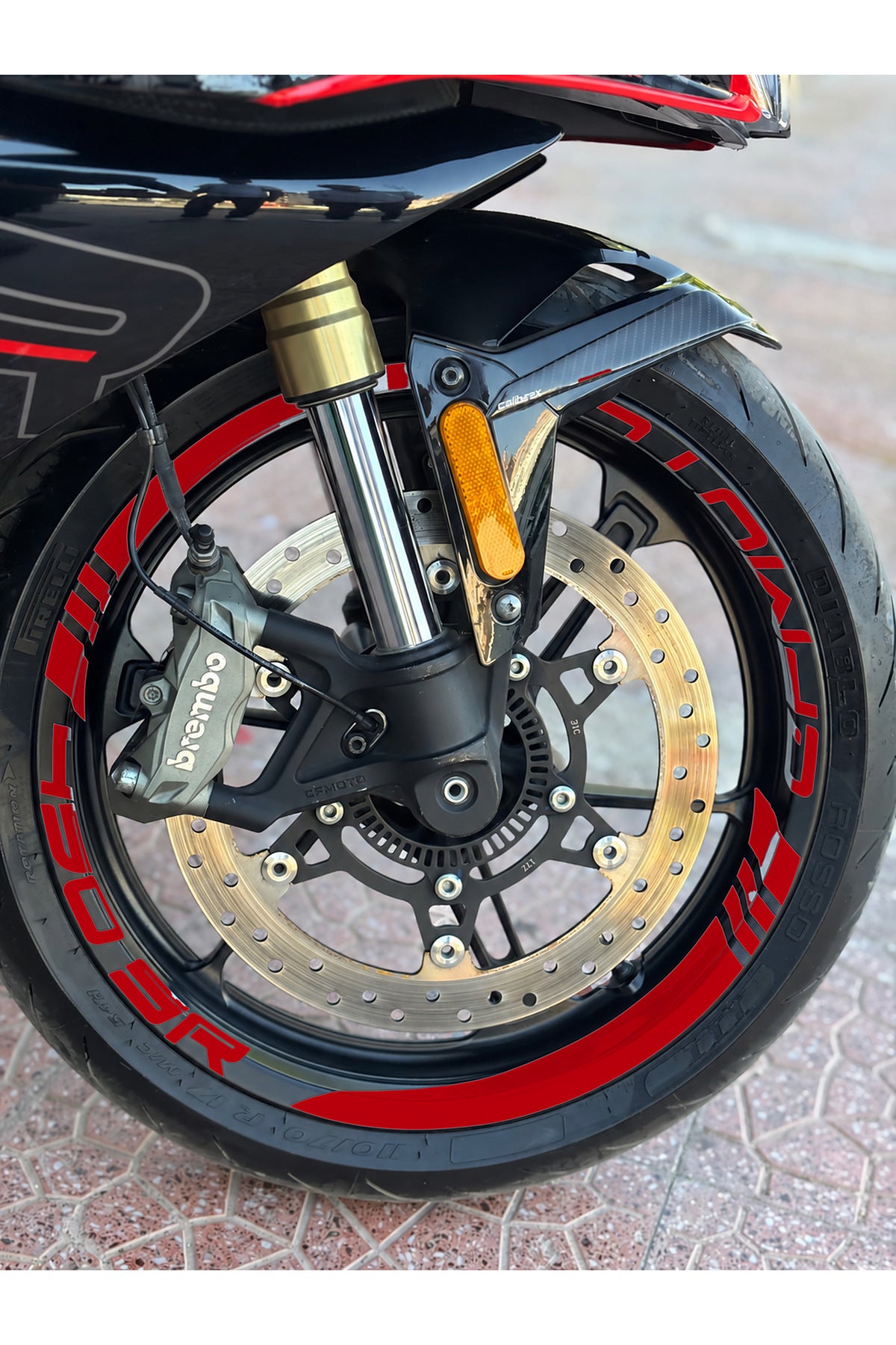 CFMOTO 450SR için Kalın Kesikli+Yazılı Jant Şeridi Sticker Seti (16 Parça Ön Arka Yeterli)