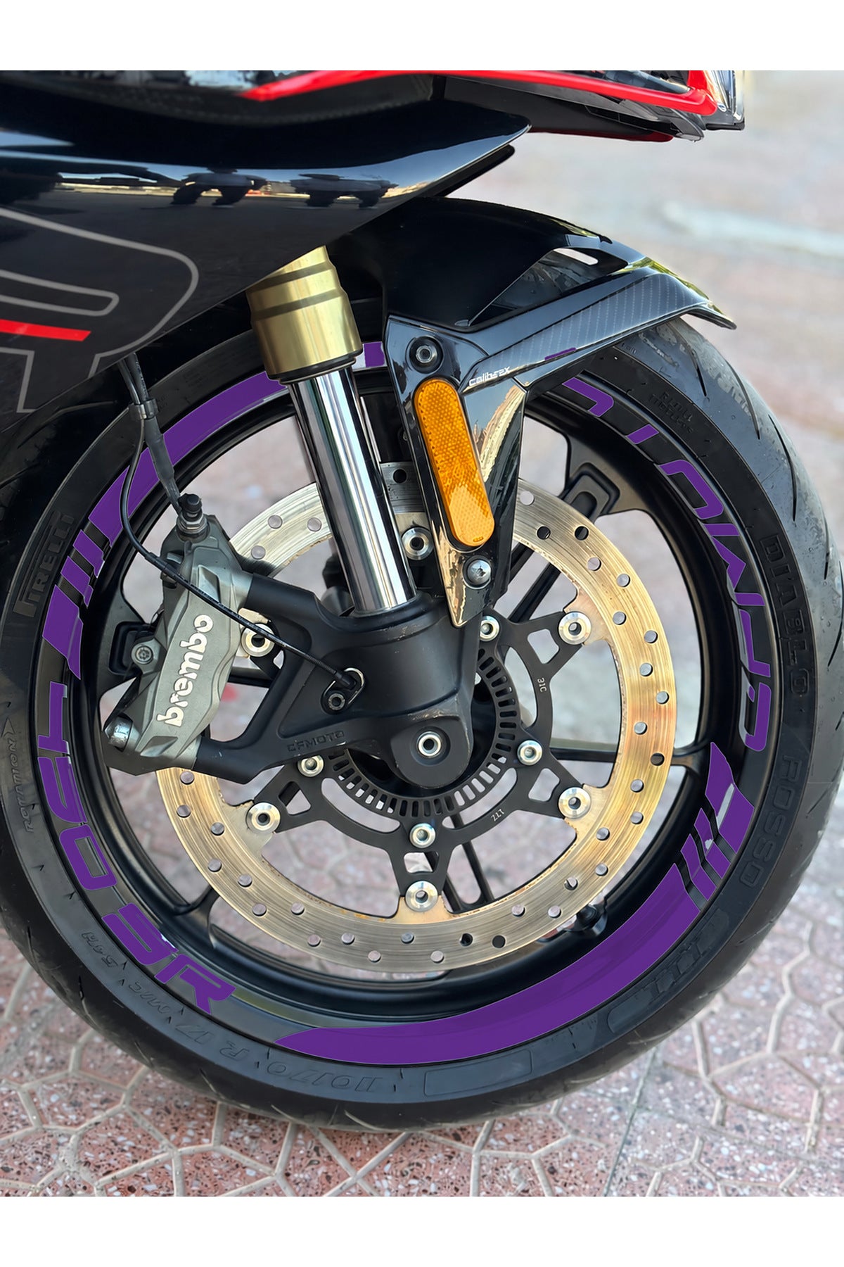CFMOTO 450SR için Kalın Kesikli+Yazılı Jant Şeridi Sticker Seti (16 Parça Ön Arka Yeterli)